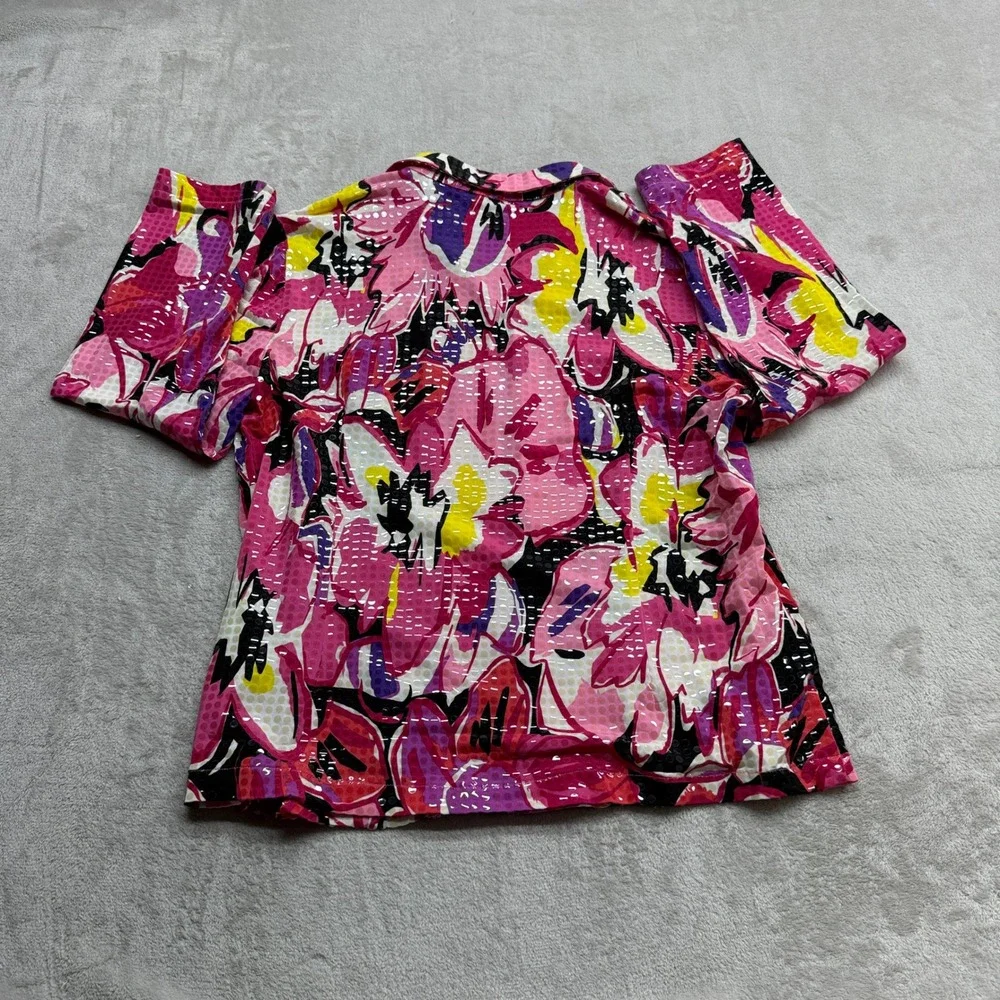 Laura Ashley Zip Up Jacket Women's Large Pink Abstract Floral Textured Stretch